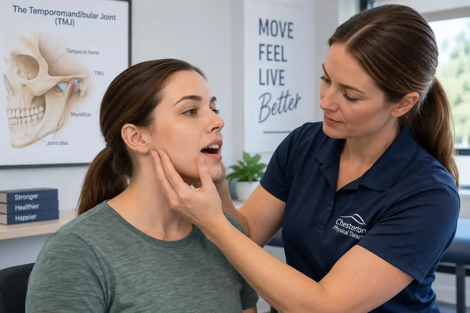 Physical therapist evaluating jaw movement for TMJ dysfunction
